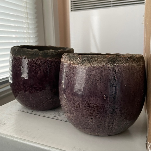 2x hand-thrown purple pottery plant pots planters 5” across top garden - Picture 3 of 7